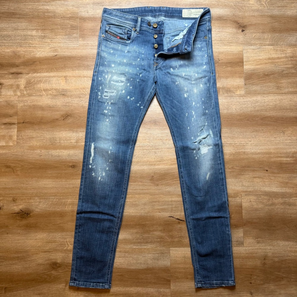 Diesel Sleenker-X Jeans Mens 29x30 Blue Slim Skinny Distressed Paint Splatter‎